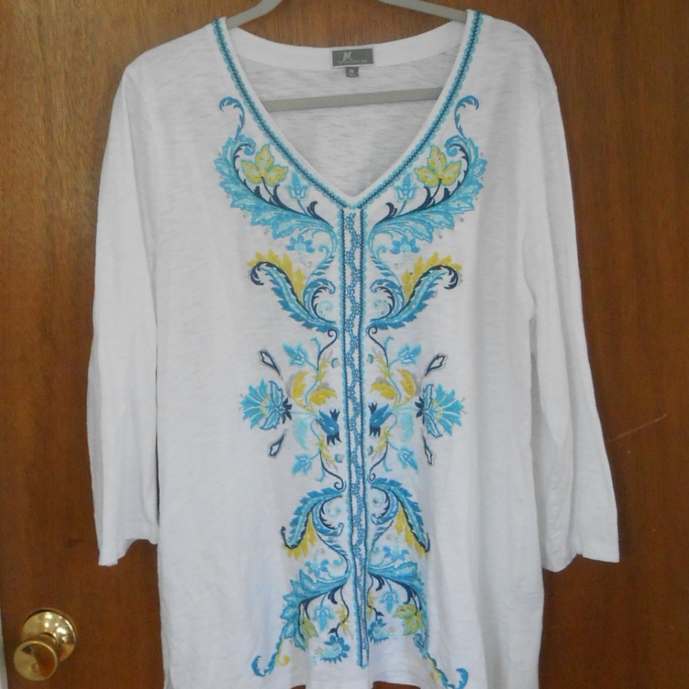 JM Collection Macy's Embroidered Top Blue White XL